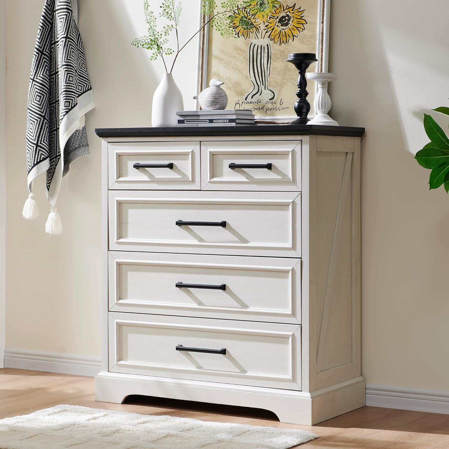 Millwood Pines Almiro 36 Inch Tall Farmhouse 5 Drawer Dresser For Bedroom Modern Dresser Chest Of Drawers Rustic Wood Storgae Organizer With Large